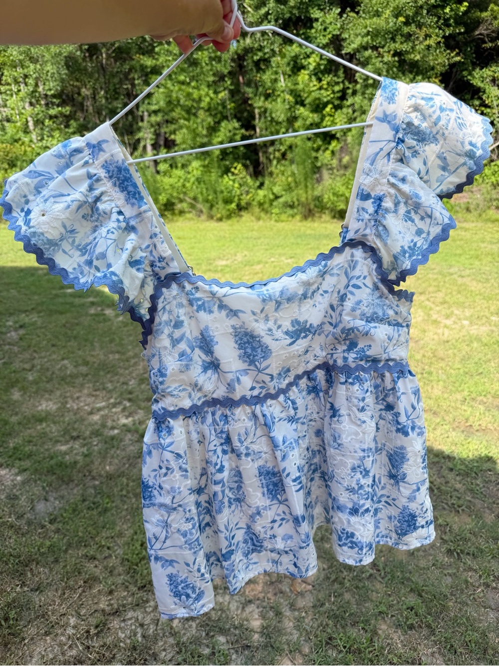 entro Blue and White Floral Square-Neck Peplum Blouse